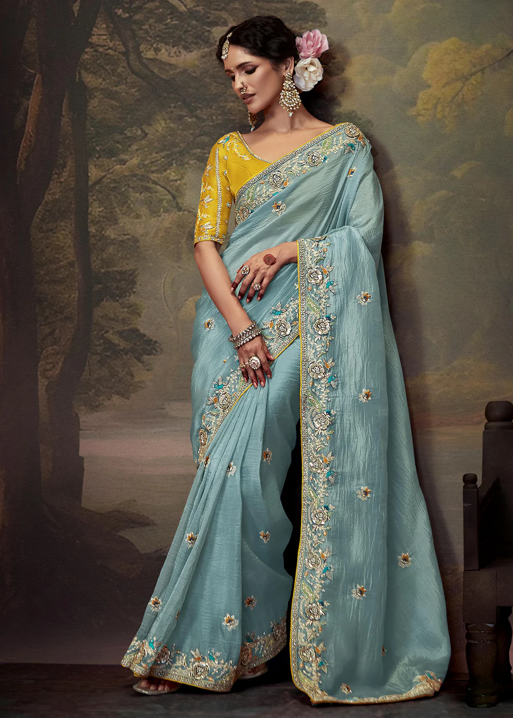 Sky Blue Fancy Fabric Embroidered Festive Saree