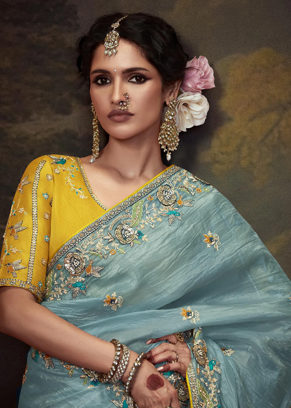 Sky Blue Fancy Fabric Embroidered Festive Saree - Image 6
