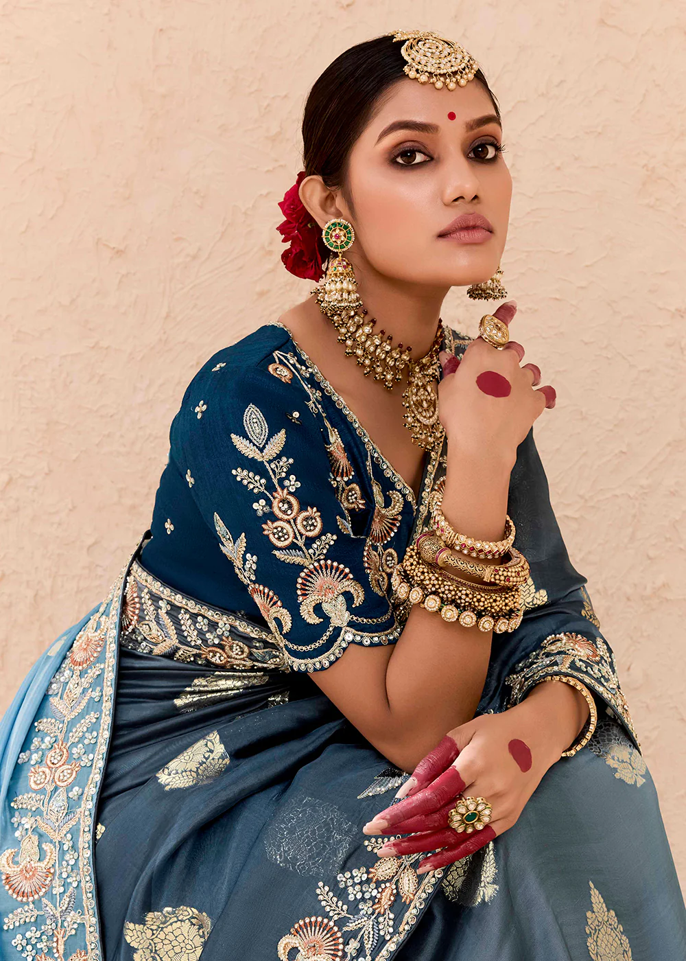 Sky Blue Fancy Fabric Embroidered Designer Saree - Image 2