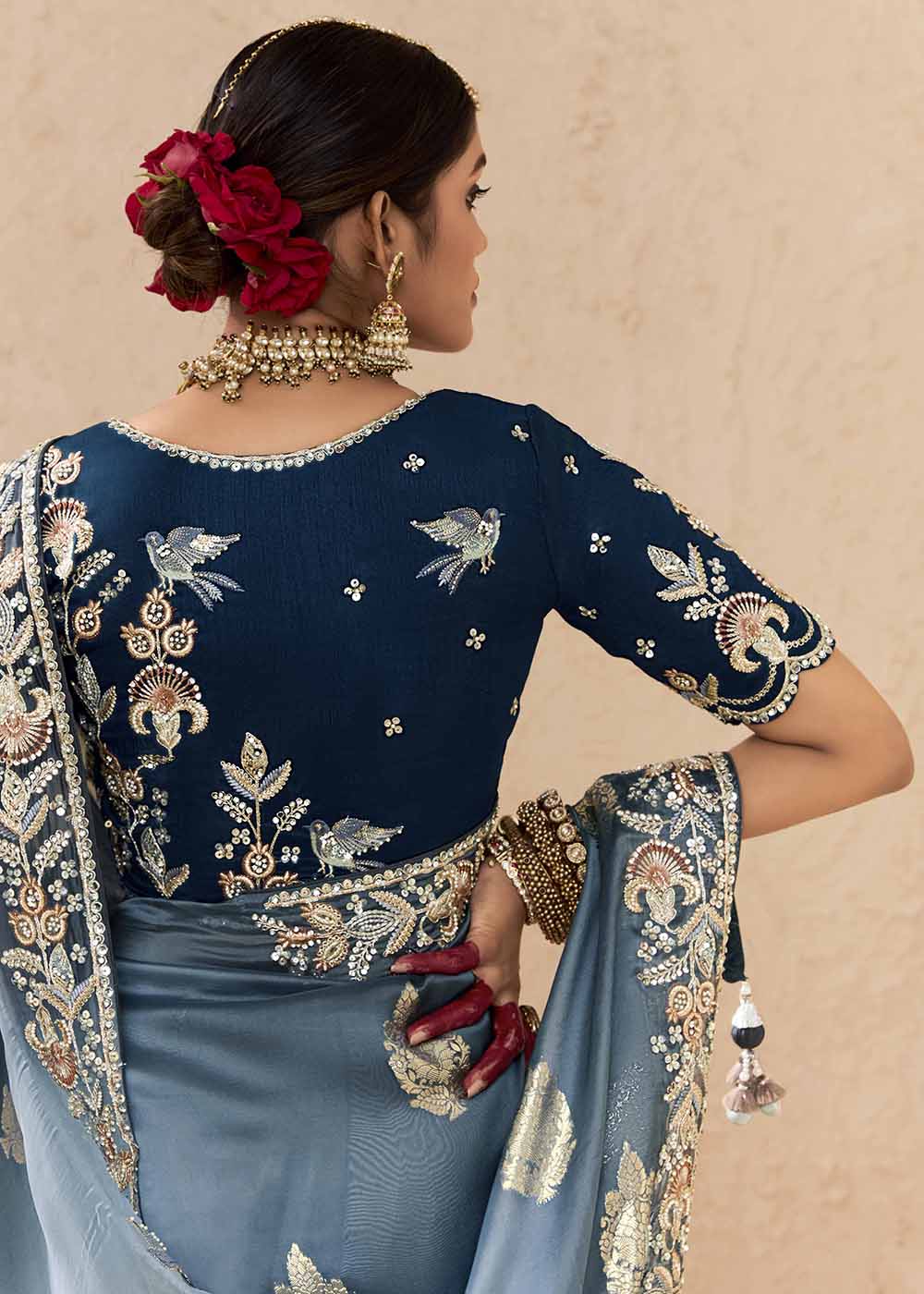 Sky Blue Fancy Fabric Embroidered Designer Saree - Image 3