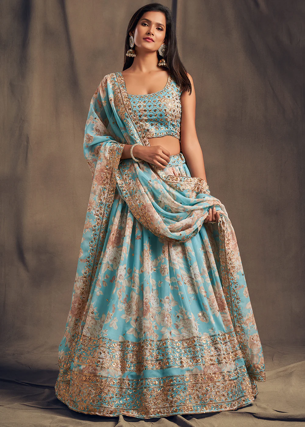 Sky Blue Floral Embroidered Organza Wedding Lehenga Choli