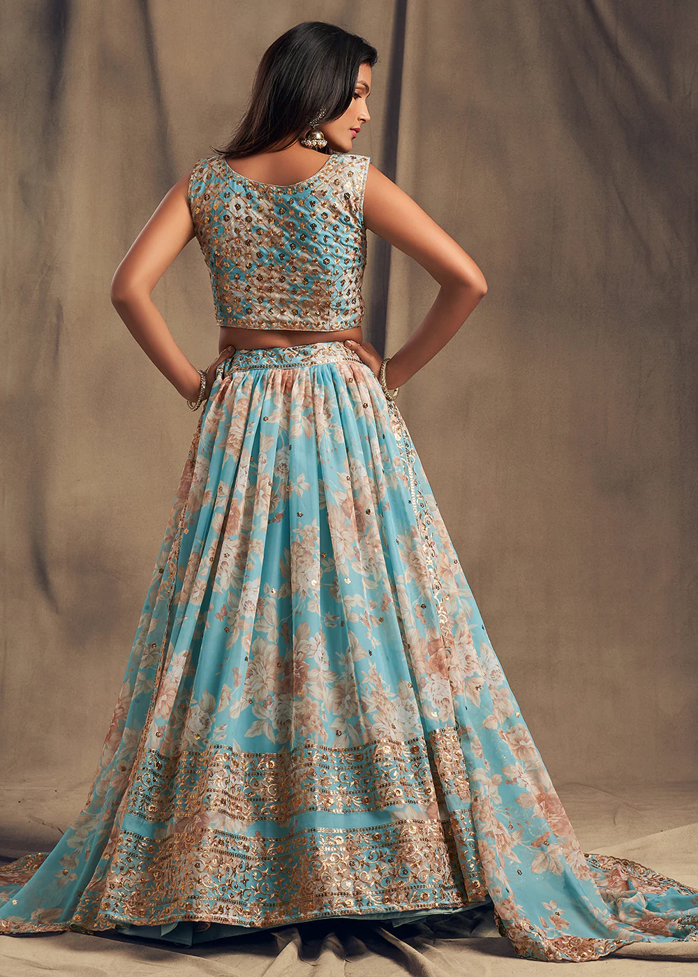 Sky Blue Floral Embroidered Organza Wedding Lehenga Choli - Image 3