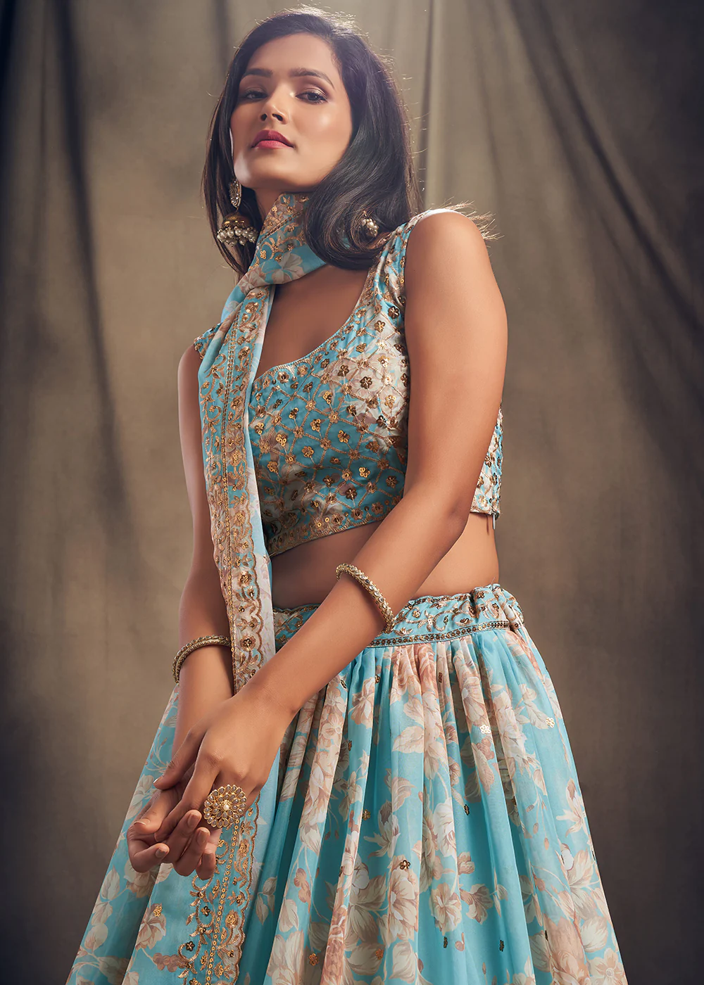 Sky Blue Floral Embroidered Organza Wedding Lehenga Choli - Image 4