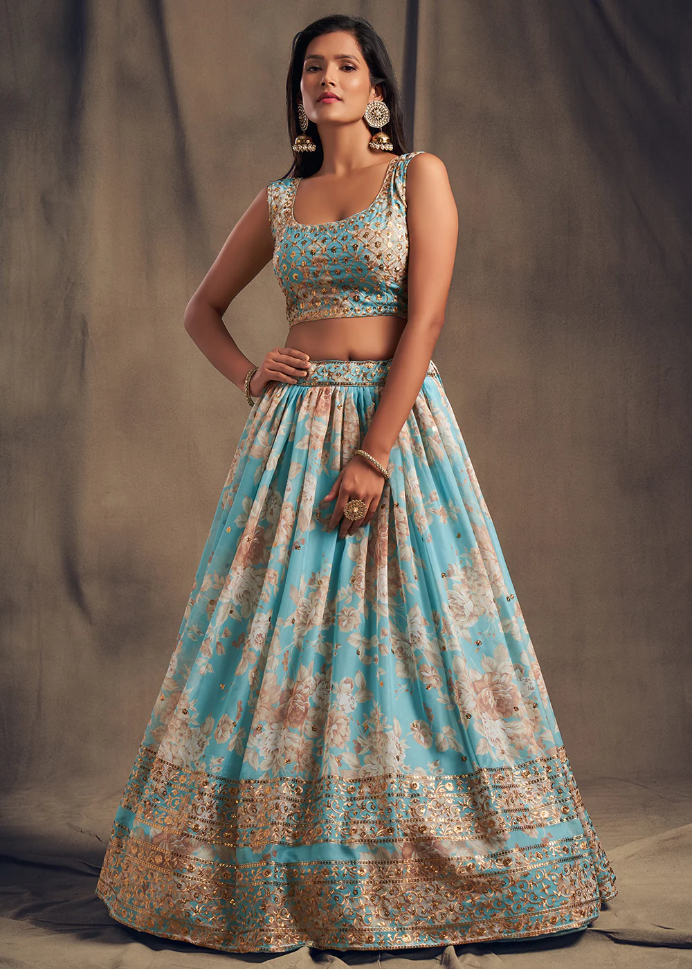 Sky Blue Floral Embroidered Organza Wedding Lehenga Choli - Image 5