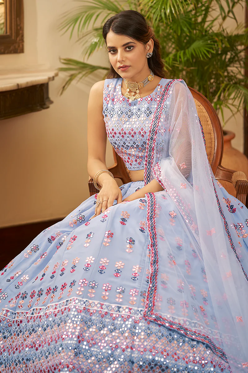 Sky Blue Gotta Patti Embroidered Lehenga Choli - Image 3