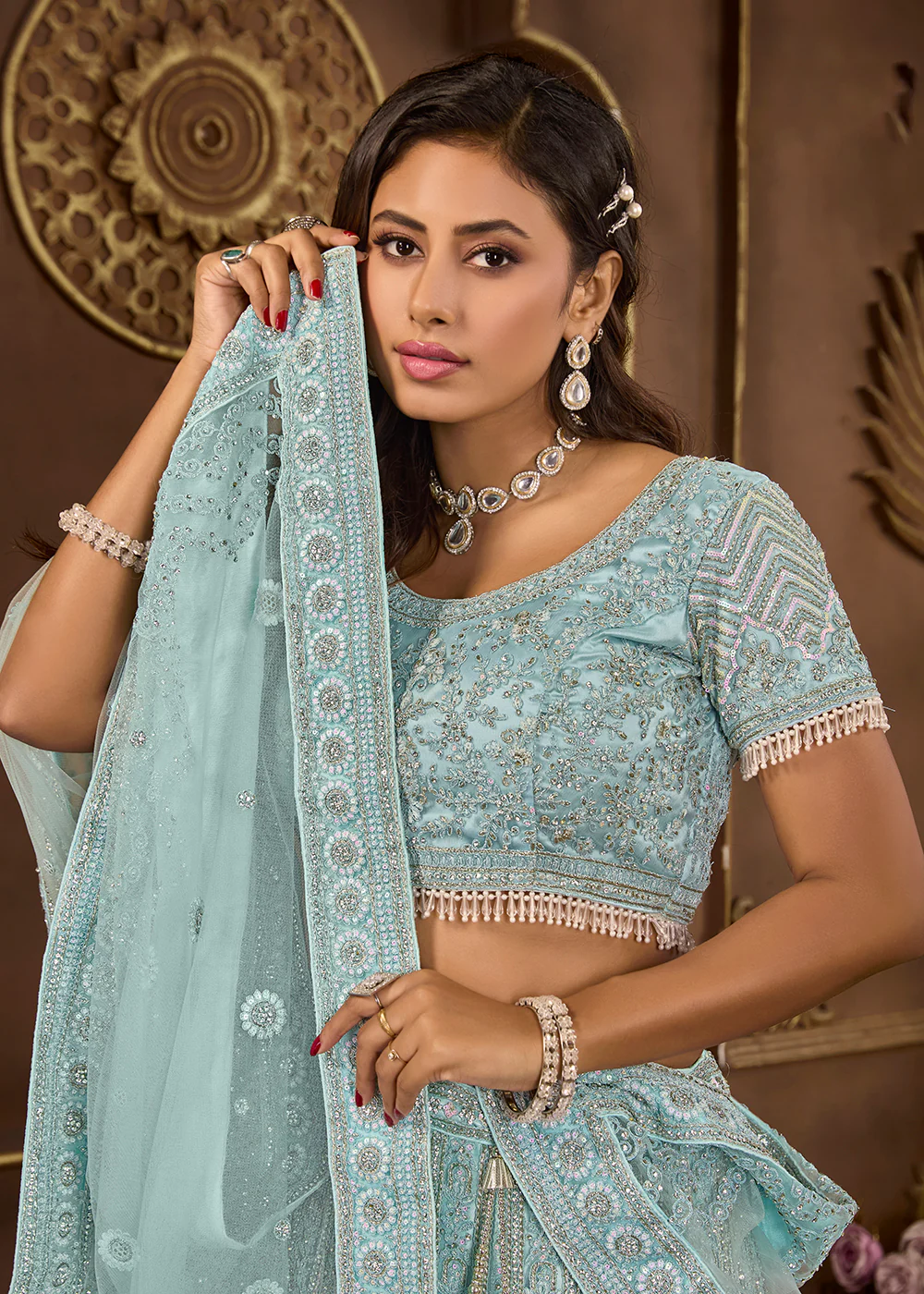 Sky Blue Heavy Embroidered Designer Bridal Lehenga Choli - Image 2