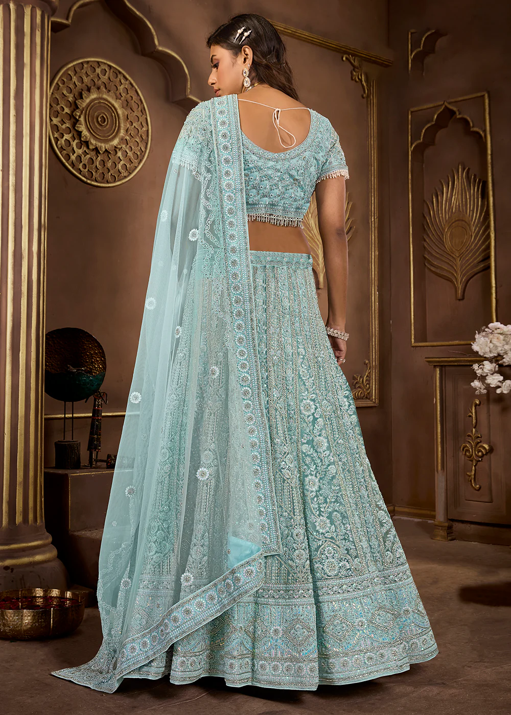 Sky Blue Heavy Embroidered Designer Bridal Lehenga Choli - Image 3