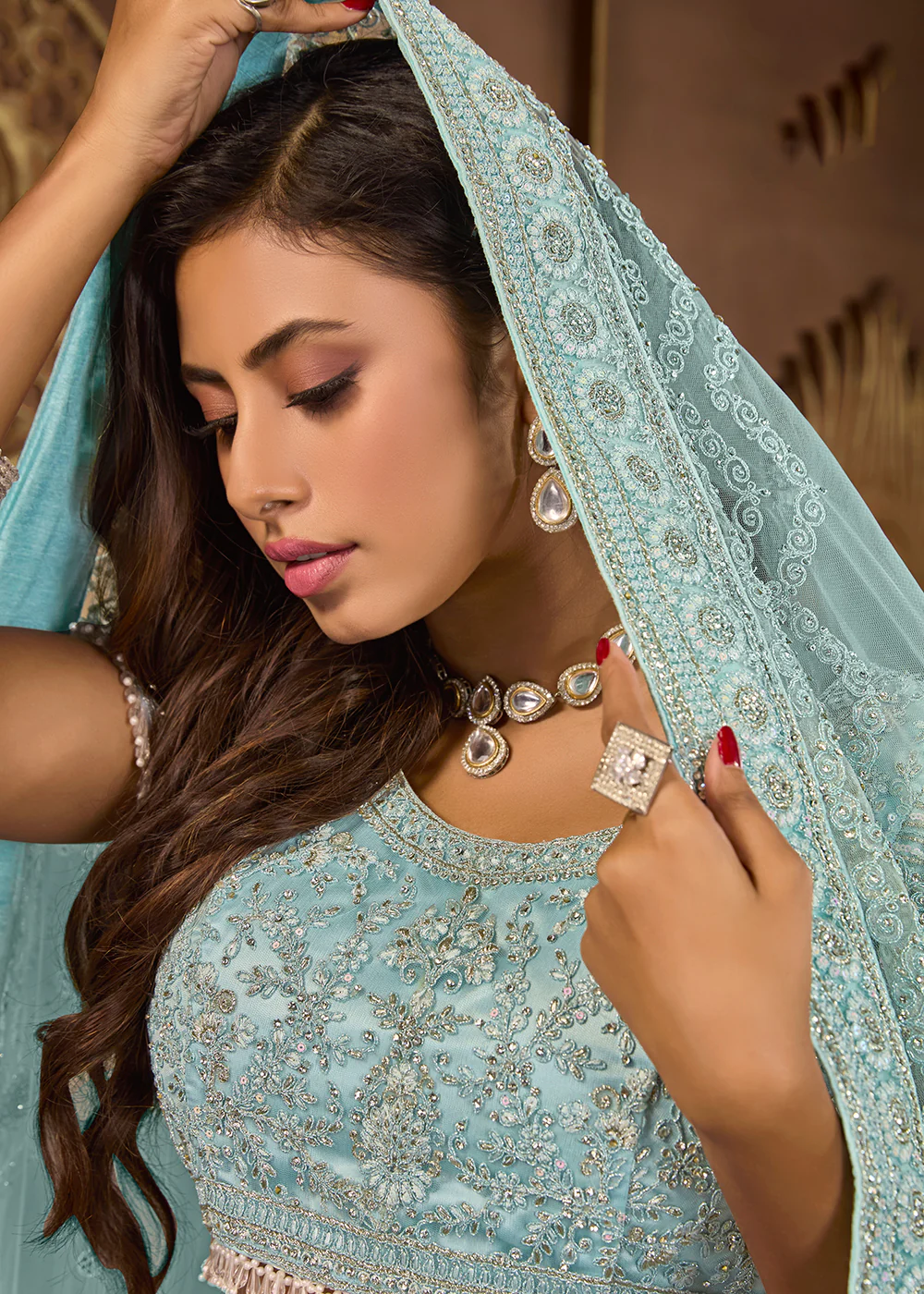 Sky Blue Heavy Embroidered Designer Bridal Lehenga Choli - Image 4