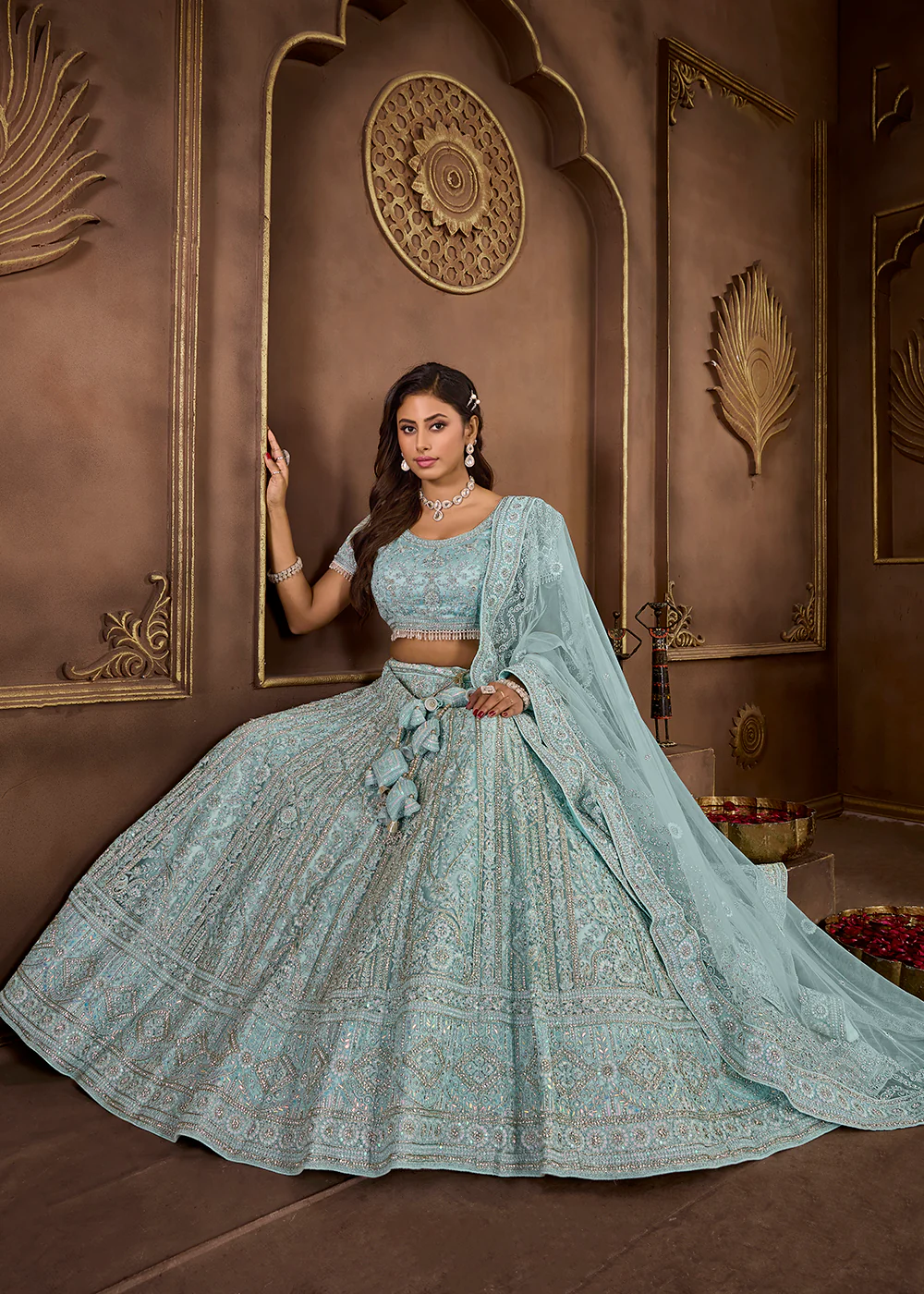 Sky Blue Heavy Embroidered Designer Bridal Lehenga Choli - Image 5