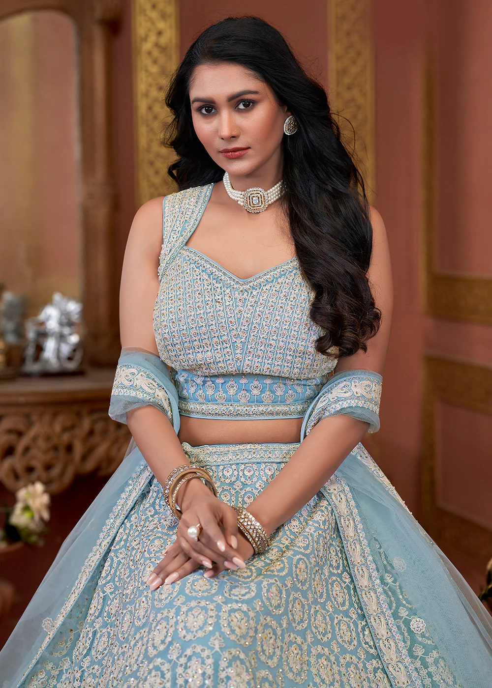 Sky Blue Heavy Embroidered Wedding Wear Lehenga Choli - Image 2