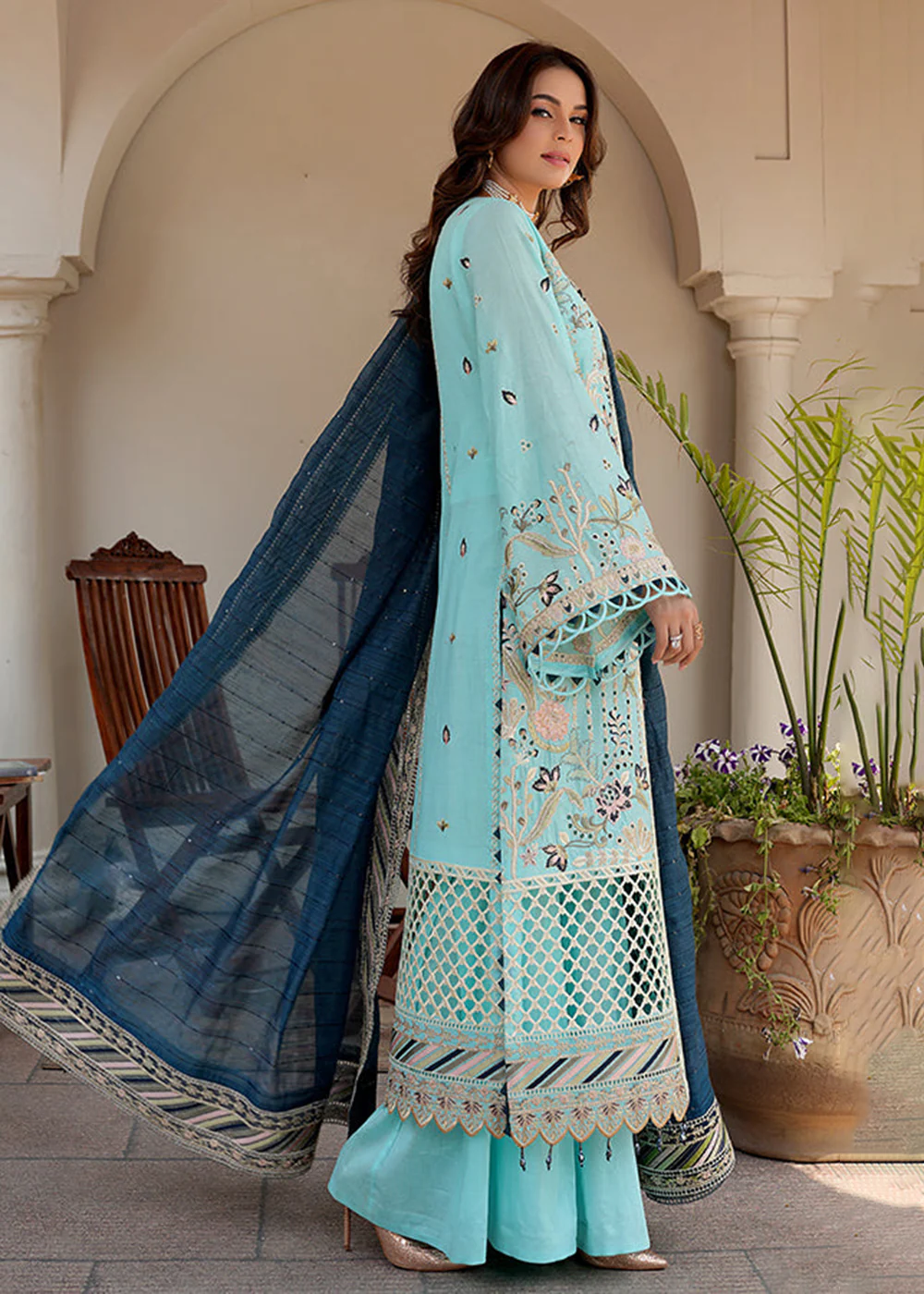Sky Blue Lawn Dress - Bahaar Luxury Lawn '23 by Mariyam's - Caella B-1013 - Image 4