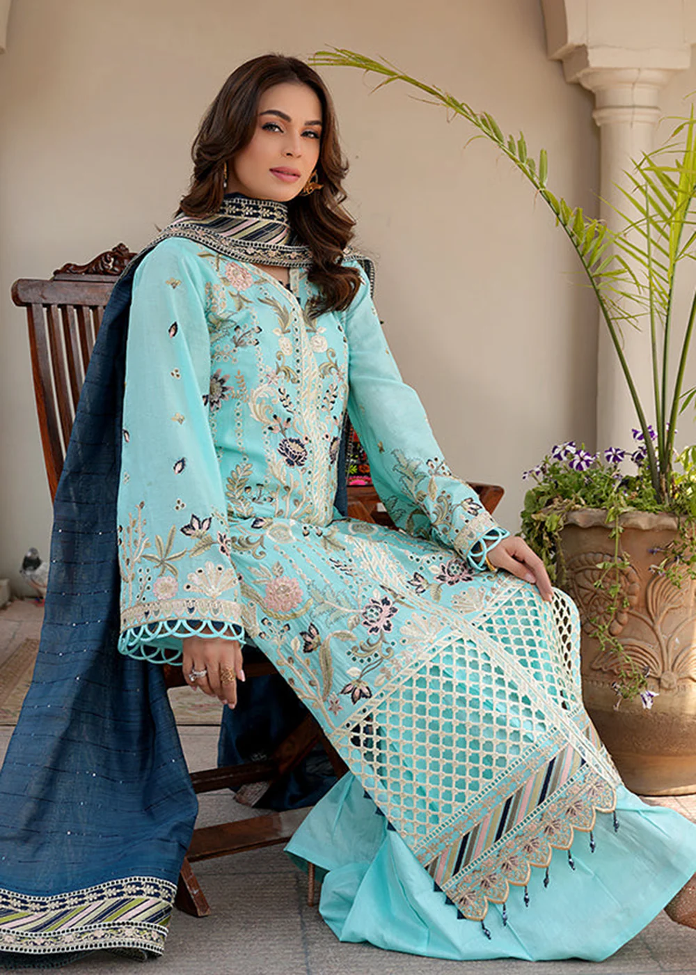 Sky Blue Lawn Dress - Bahaar Luxury Lawn '23 by Mariyam's - Caella B-1013 - Image 6