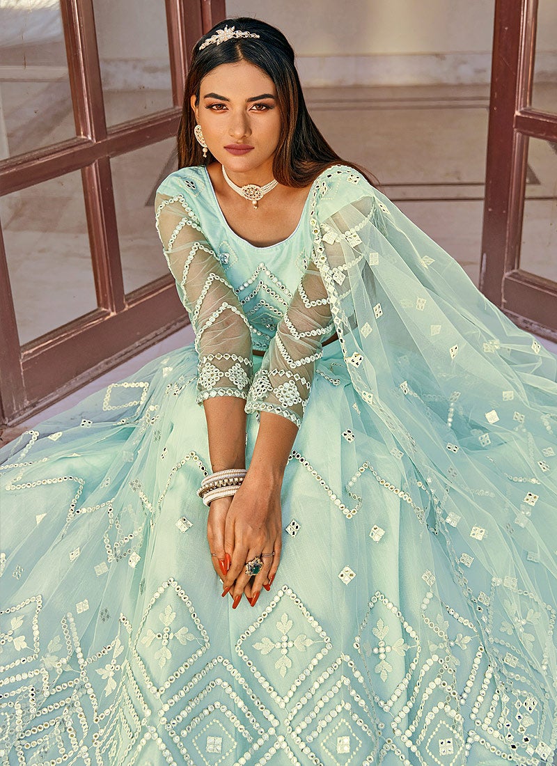 Sky Blue Mirror Embellished Wedding Lehenga Choli - Image 2