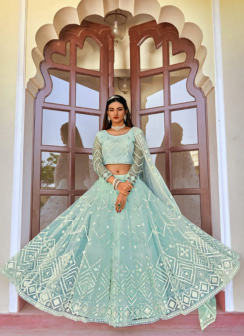 Sky Blue Mirror Embellished Wedding Lehenga Choli - Image 3