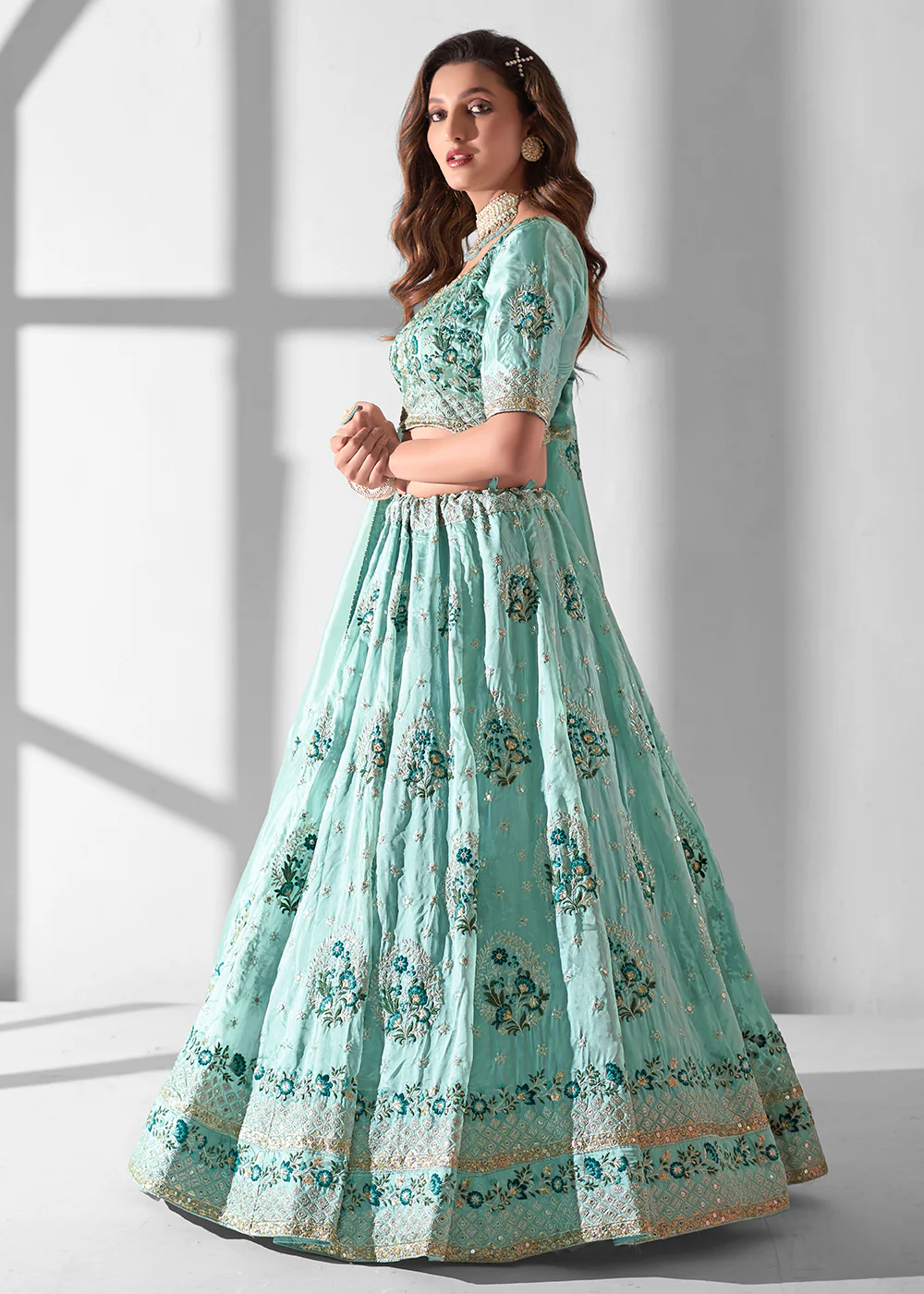 Sky Blue Multi Embroidered Wedding Festive Lehenga Choli - Image 5