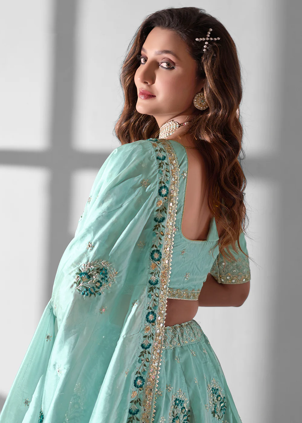 Sky Blue Multi Embroidered Wedding Festive Lehenga Choli - Image 6