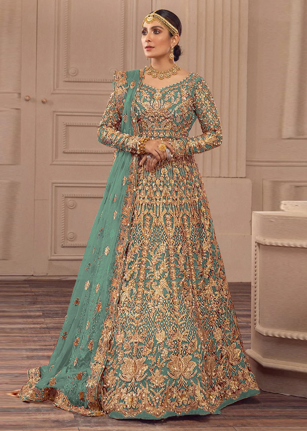 Sky Blue Net Heavy Work & Embroidered Bridal Anarkali Gown