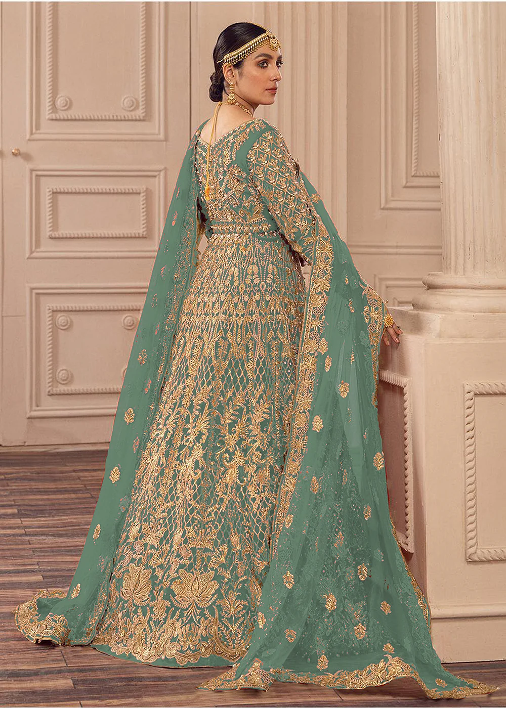 Sky Blue Net Heavy Work & Embroidered Bridal Anarkali Gown - Image 2