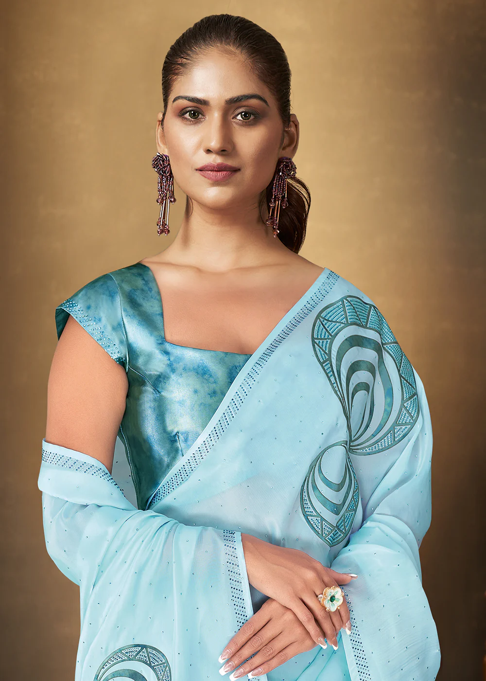 Sky Blue Organza Crepe Embroidered Designer Saree - Image 2