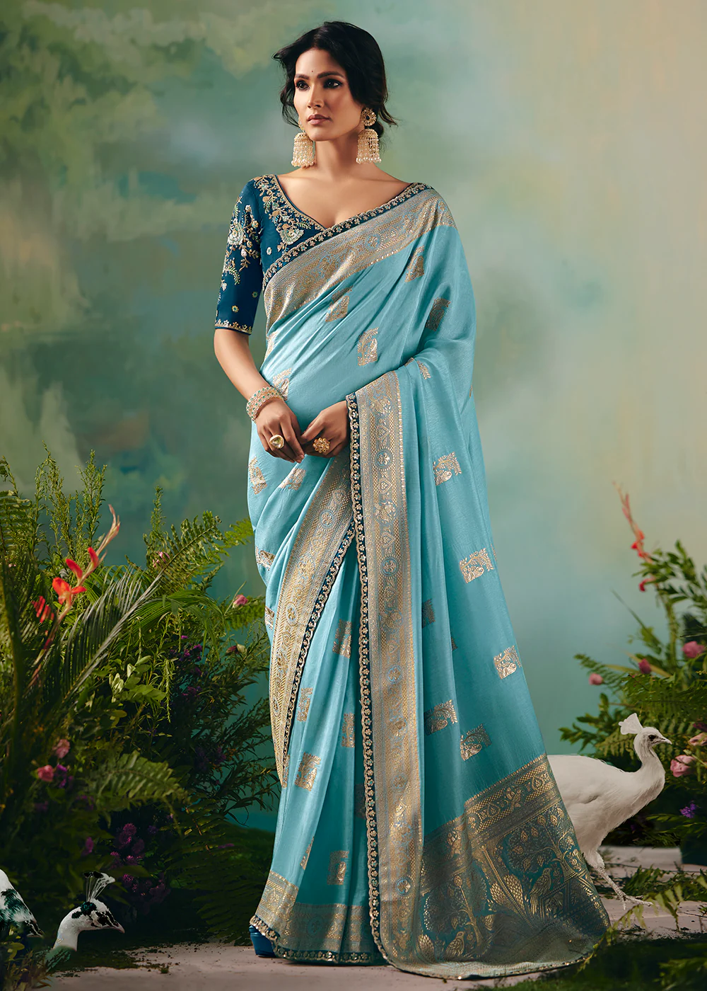 Sky Blue Premium Dola Viscose Silk Wedding Wear Saree