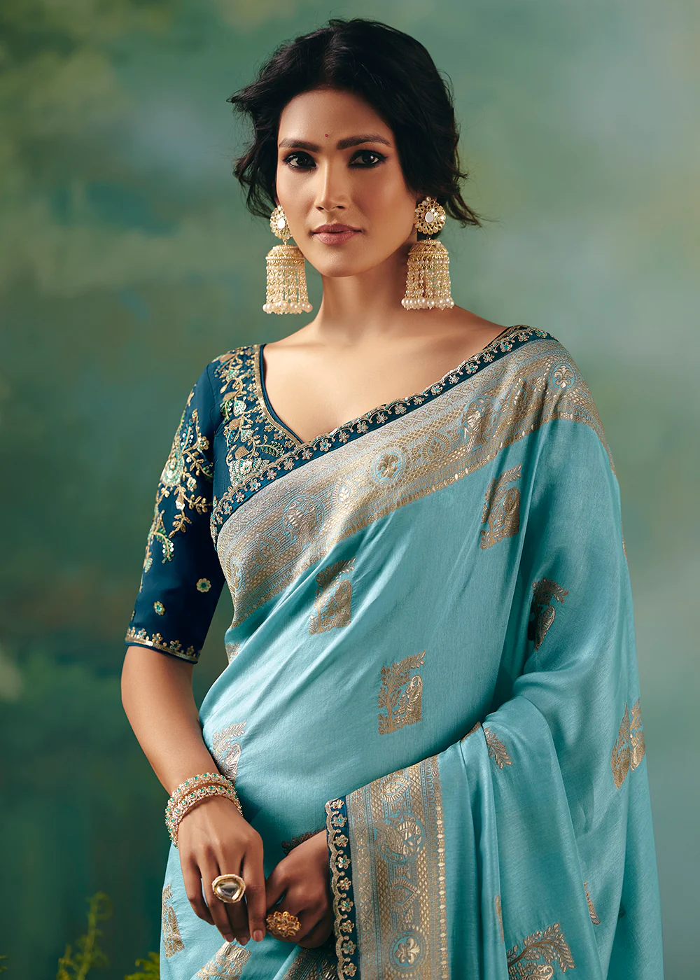 Sky Blue Premium Dola Viscose Silk Wedding Wear Saree - Image 2
