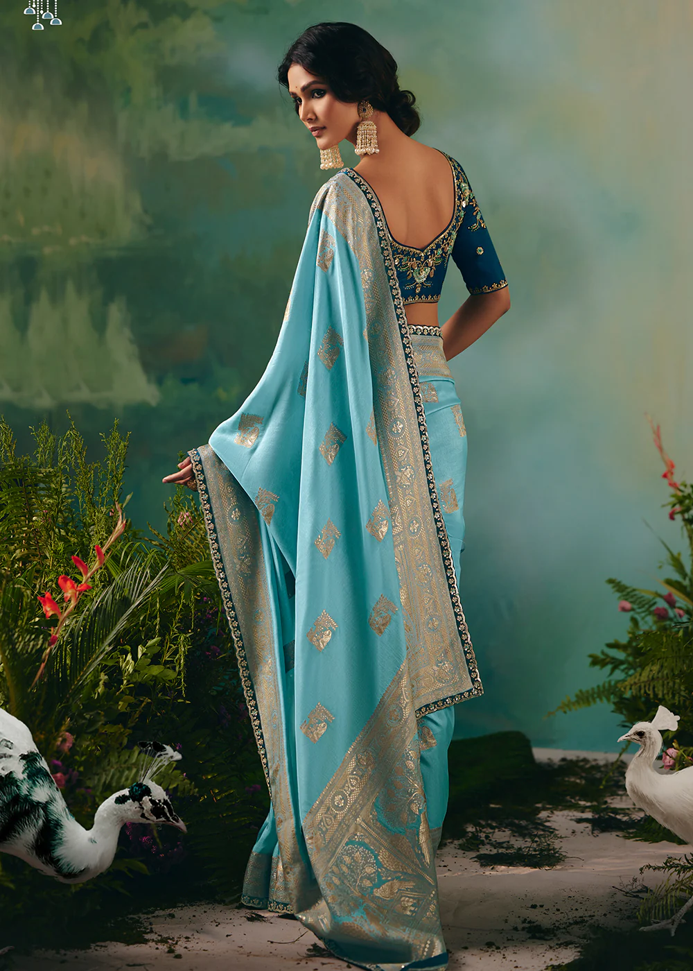 Sky Blue Premium Dola Viscose Silk Wedding Wear Saree - Image 3