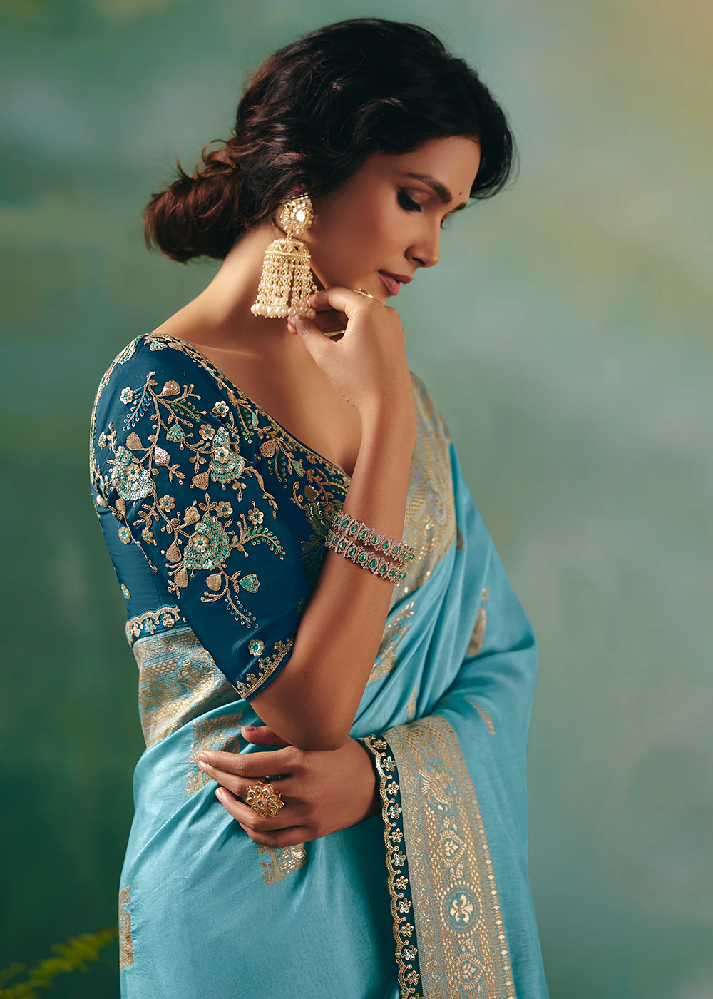 Sky Blue Premium Dola Viscose Silk Wedding Wear Saree - Image 4