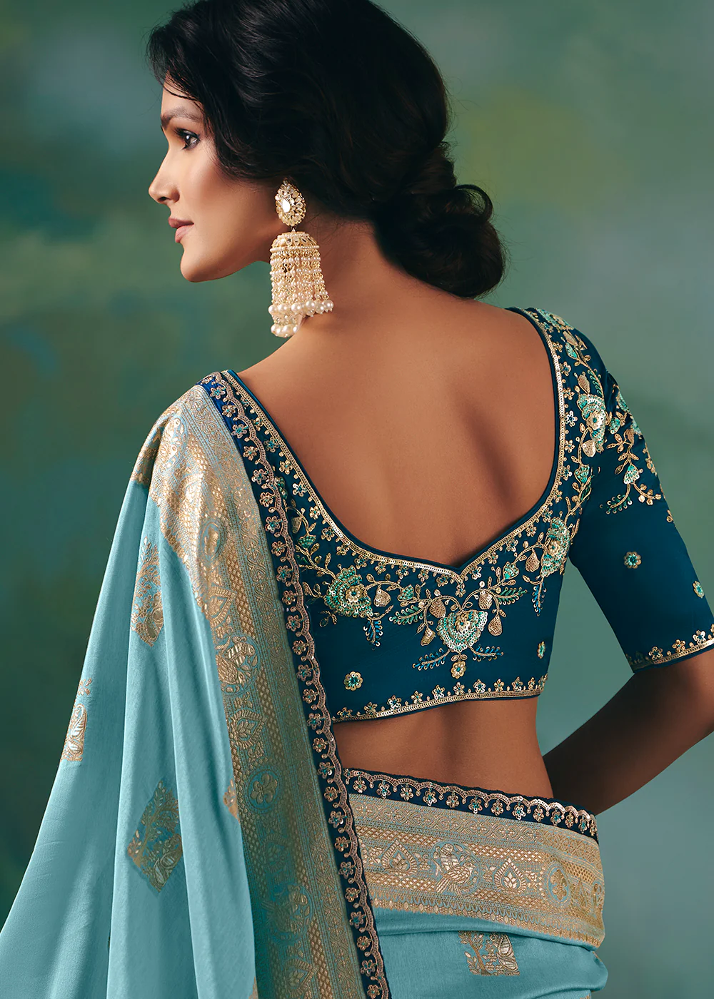 Sky Blue Premium Dola Viscose Silk Wedding Wear Saree - Image 5