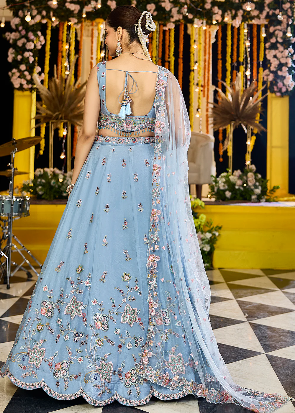 Sky Blue Satin Silk Sequins & Cording Wedding Lehenga Choli - Image 3