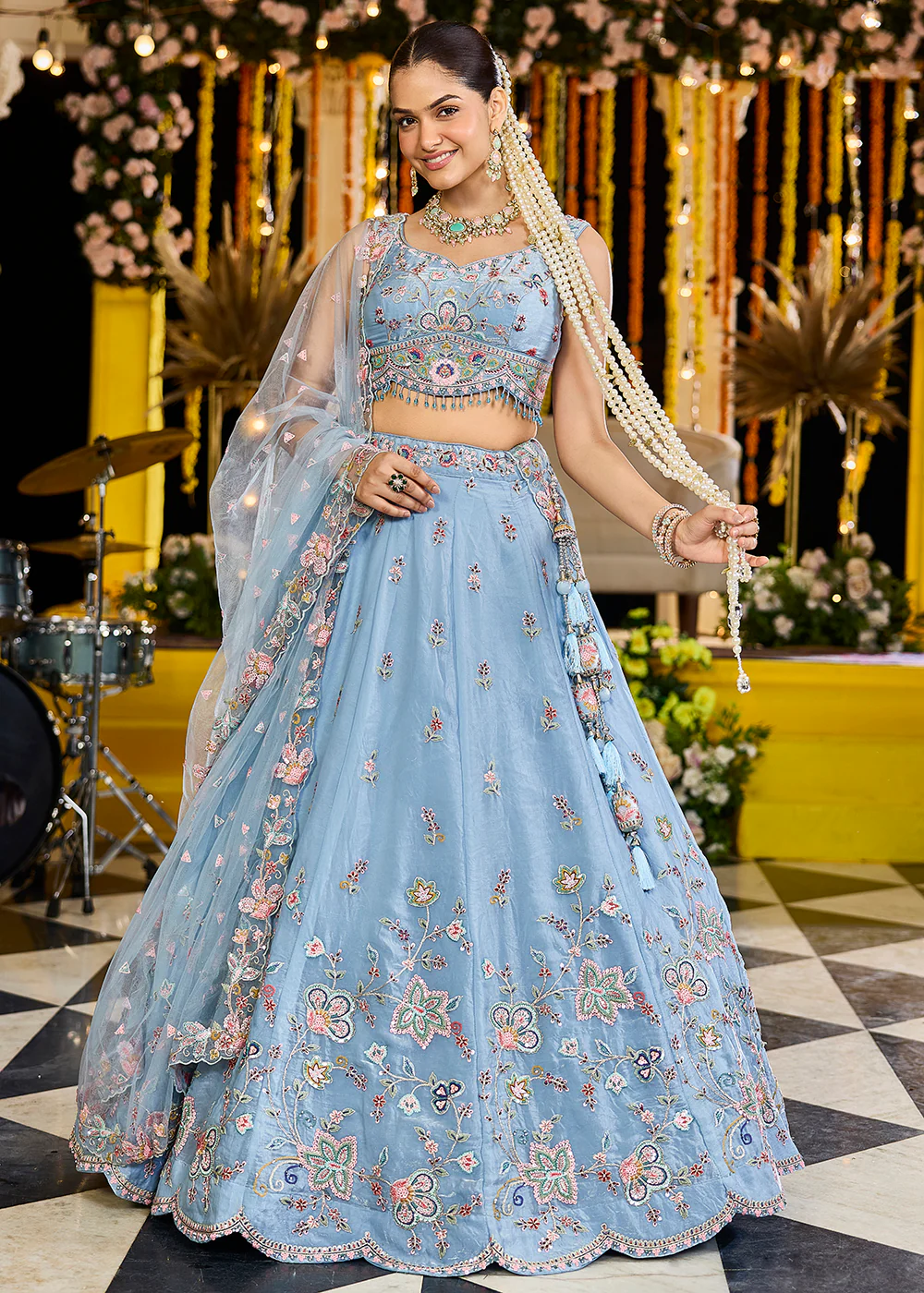Sky Blue Satin Silk Sequins & Cording Wedding Lehenga Choli - Image 4