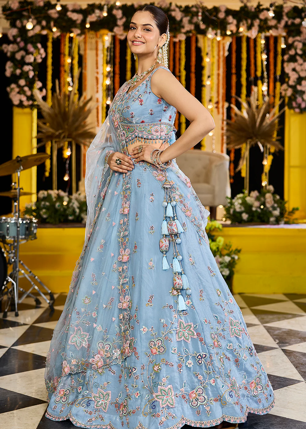 Sky Blue Satin Silk Sequins & Cording Wedding Lehenga Choli - Image 6