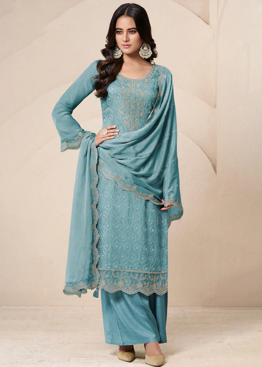 Sky Blue Schiffli Embroidered Organza Palazzo Salwar Suit