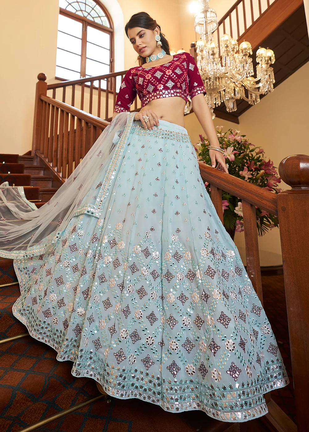 Sky Blue Sequins & Gota Patti Work Georgette Lehenga Choli - Image 3