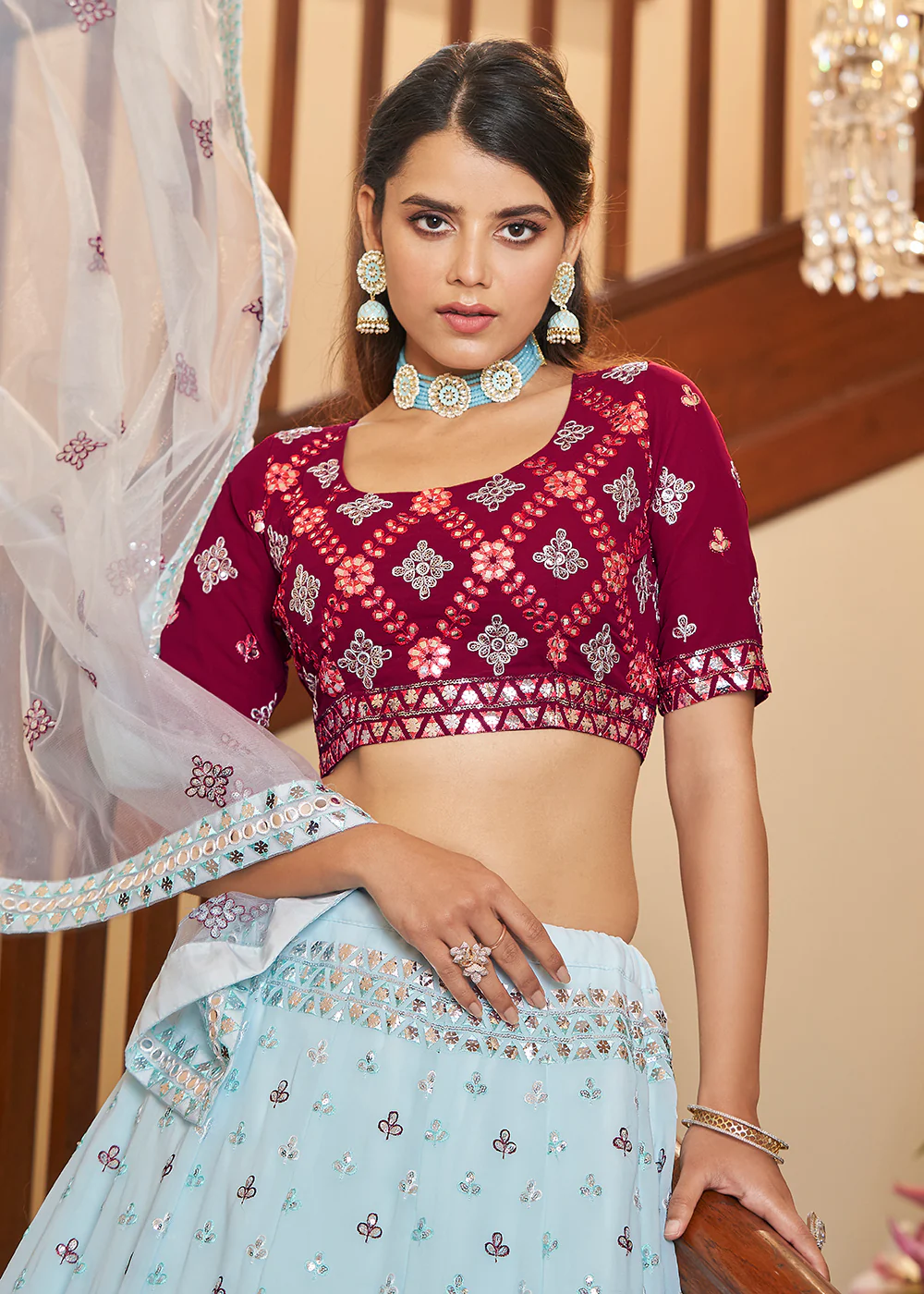 Sky Blue Sequins & Gota Patti Work Georgette Lehenga Choli - Image 4
