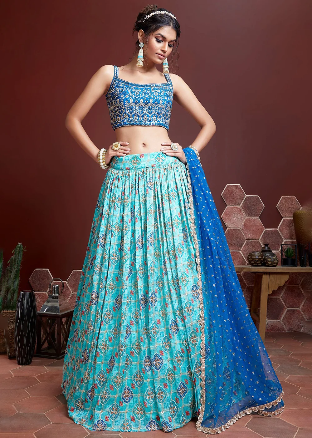 Sky Blue Silk Embroidered Festive Party Wear Lehenga Choli