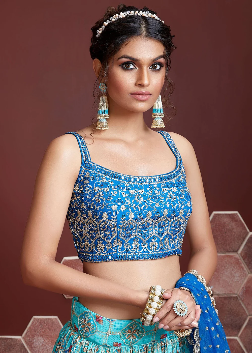 Sky Blue Silk Embroidered Festive Party Wear Lehenga Choli - Image 2