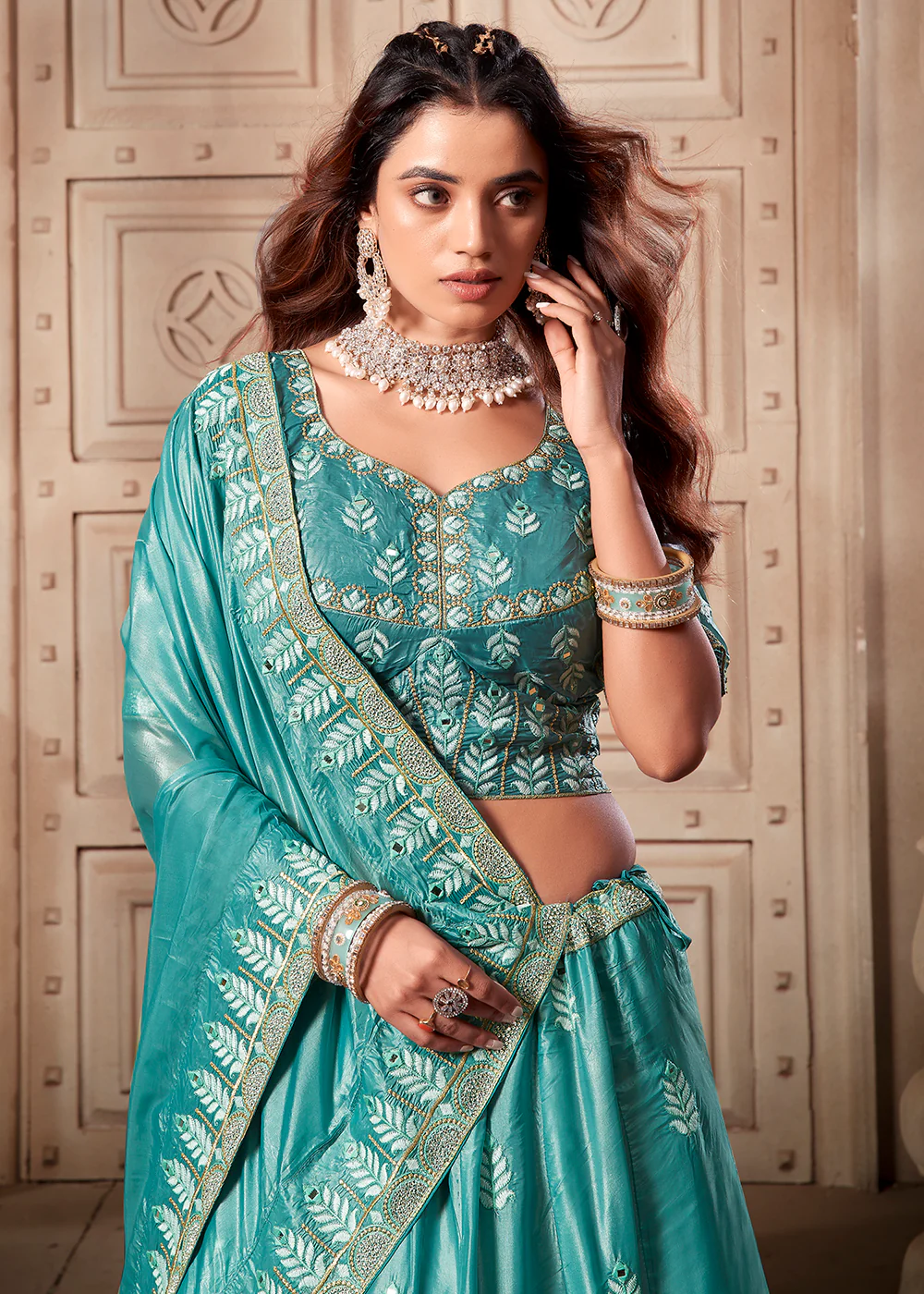 Sky Blue Soft Paper Silk Wedding Wear Lehenga Choli - Image 2