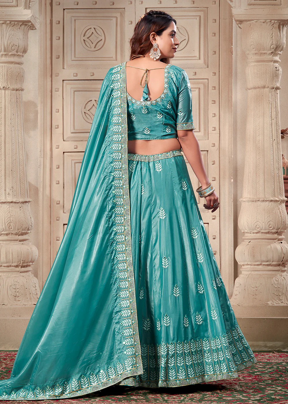 Sky Blue Soft Paper Silk Wedding Wear Lehenga Choli - Image 3