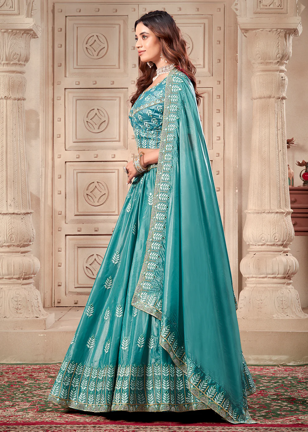 Sky Blue Soft Paper Silk Wedding Wear Lehenga Choli - Image 4