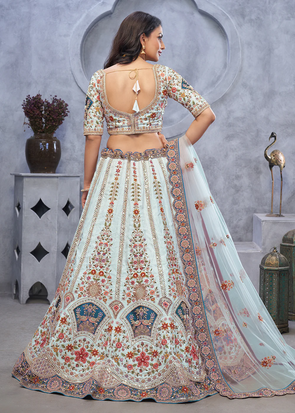 Sky Blue Zari Paisley Embroidered Wedding Lehenga Choli - Image 3