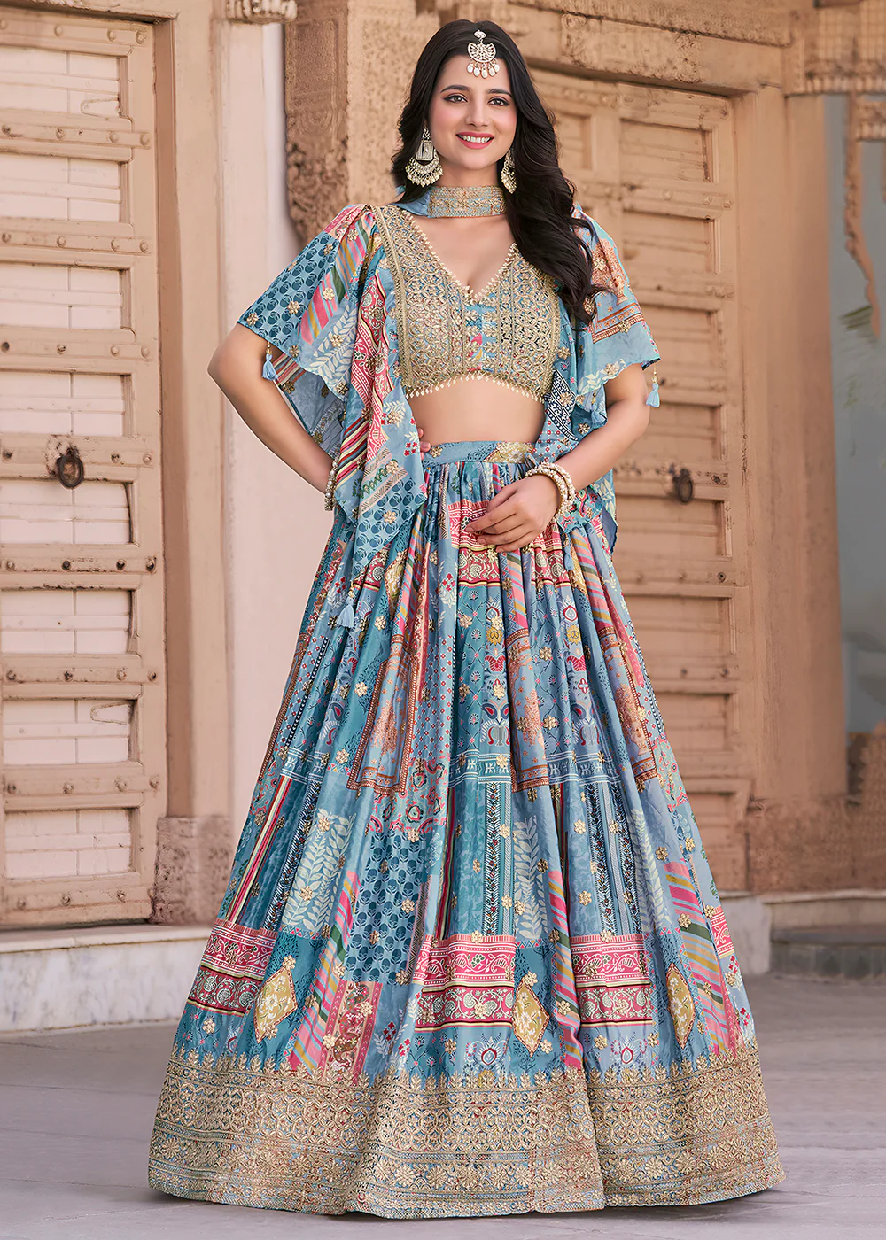 Sky Printed & Zari Dori Embroidered Lehenga Choli