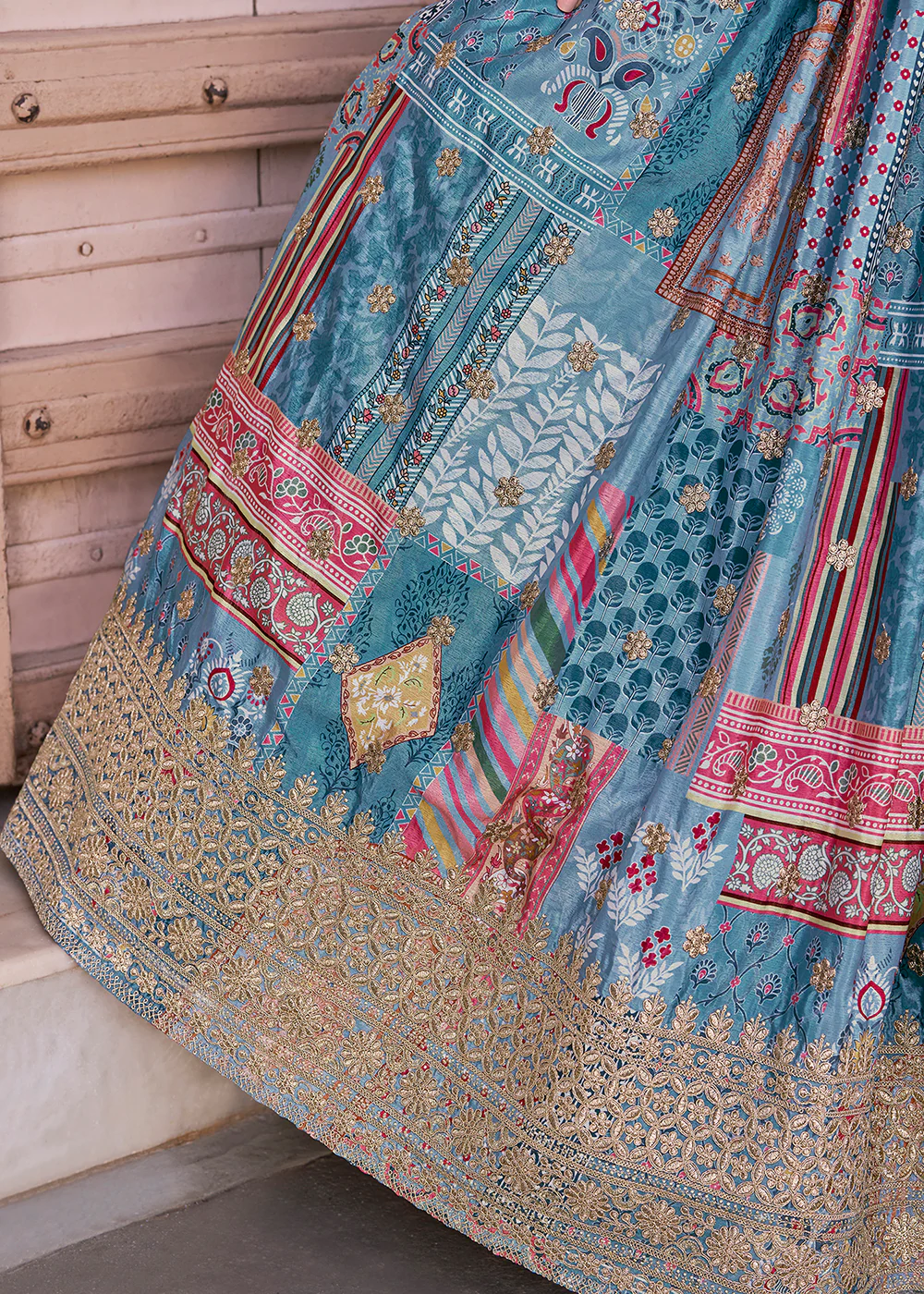 Sky Printed & Zari Dori Embroidered Lehenga Choli - Image 10