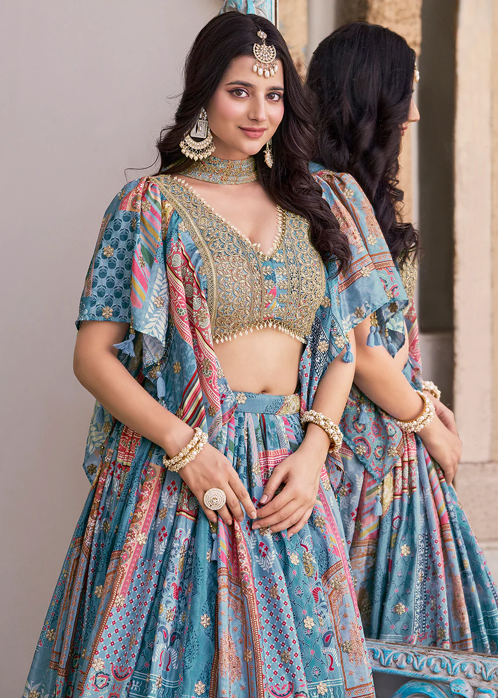 Sky Printed & Zari Dori Embroidered Lehenga Choli - Image 2