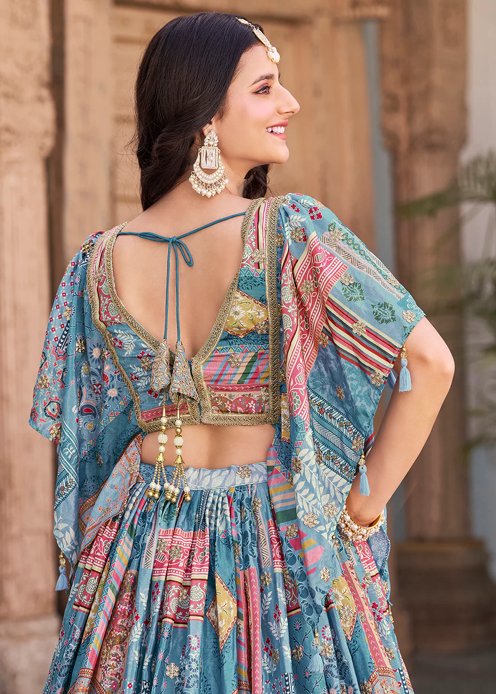 Sky Printed & Zari Dori Embroidered Lehenga Choli - Image 3