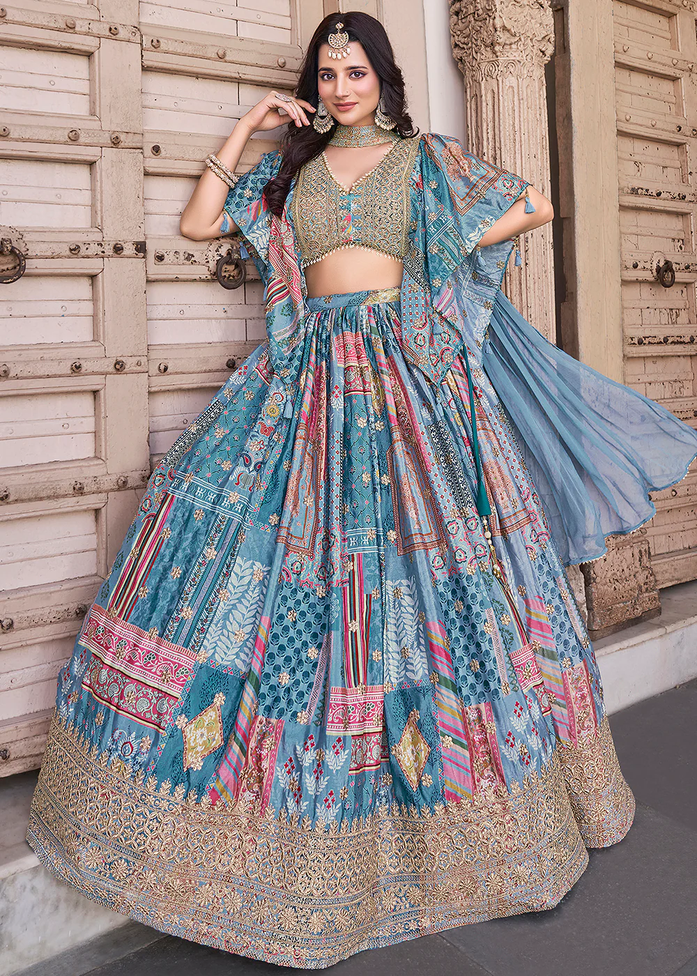 Sky Printed & Zari Dori Embroidered Lehenga Choli - Image 4