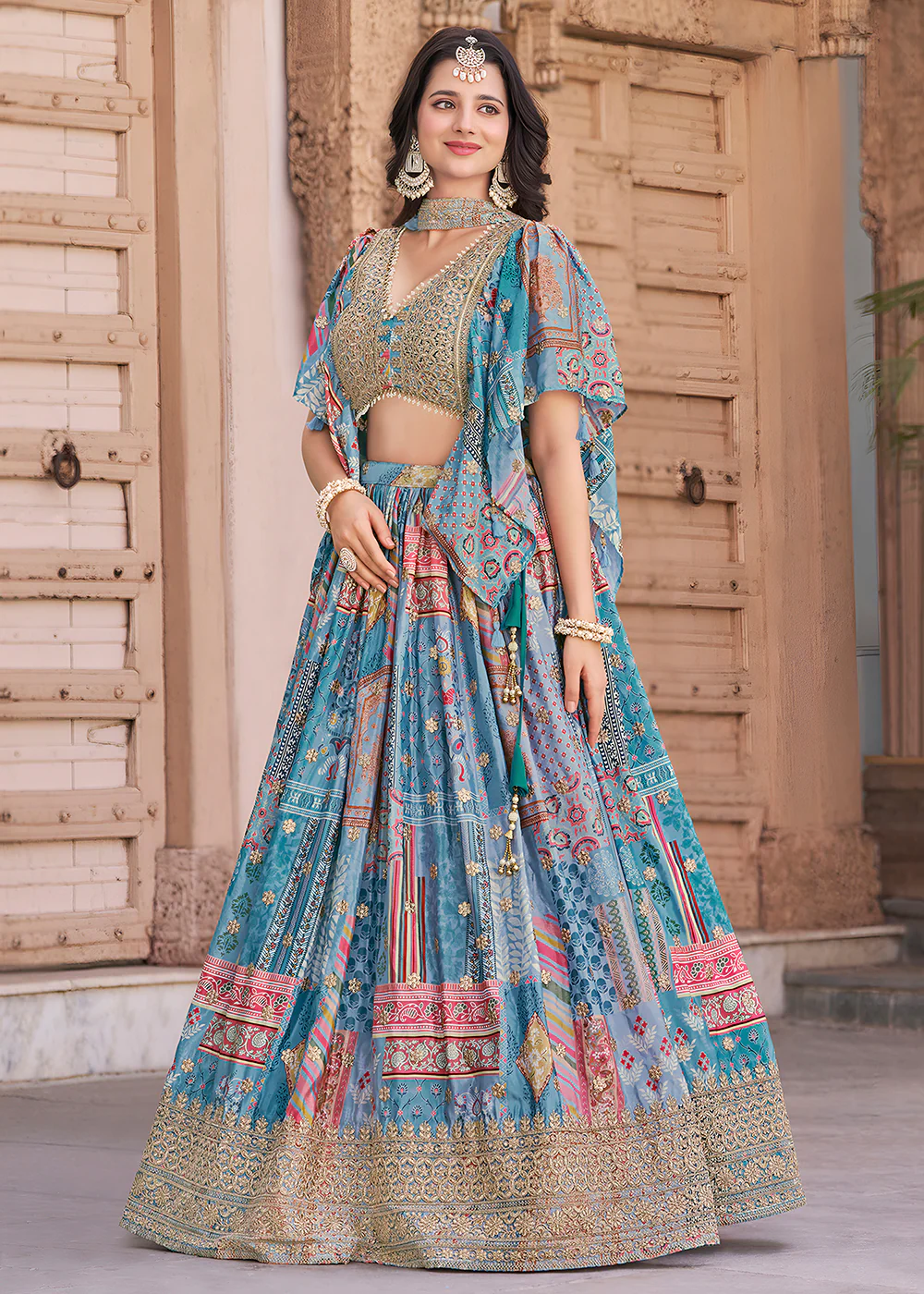 Sky Printed & Zari Dori Embroidered Lehenga Choli - Image 5