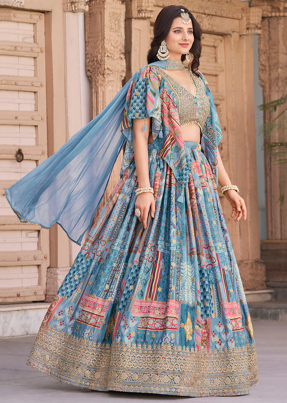 Sky Printed & Zari Dori Embroidered Lehenga Choli - Image 6