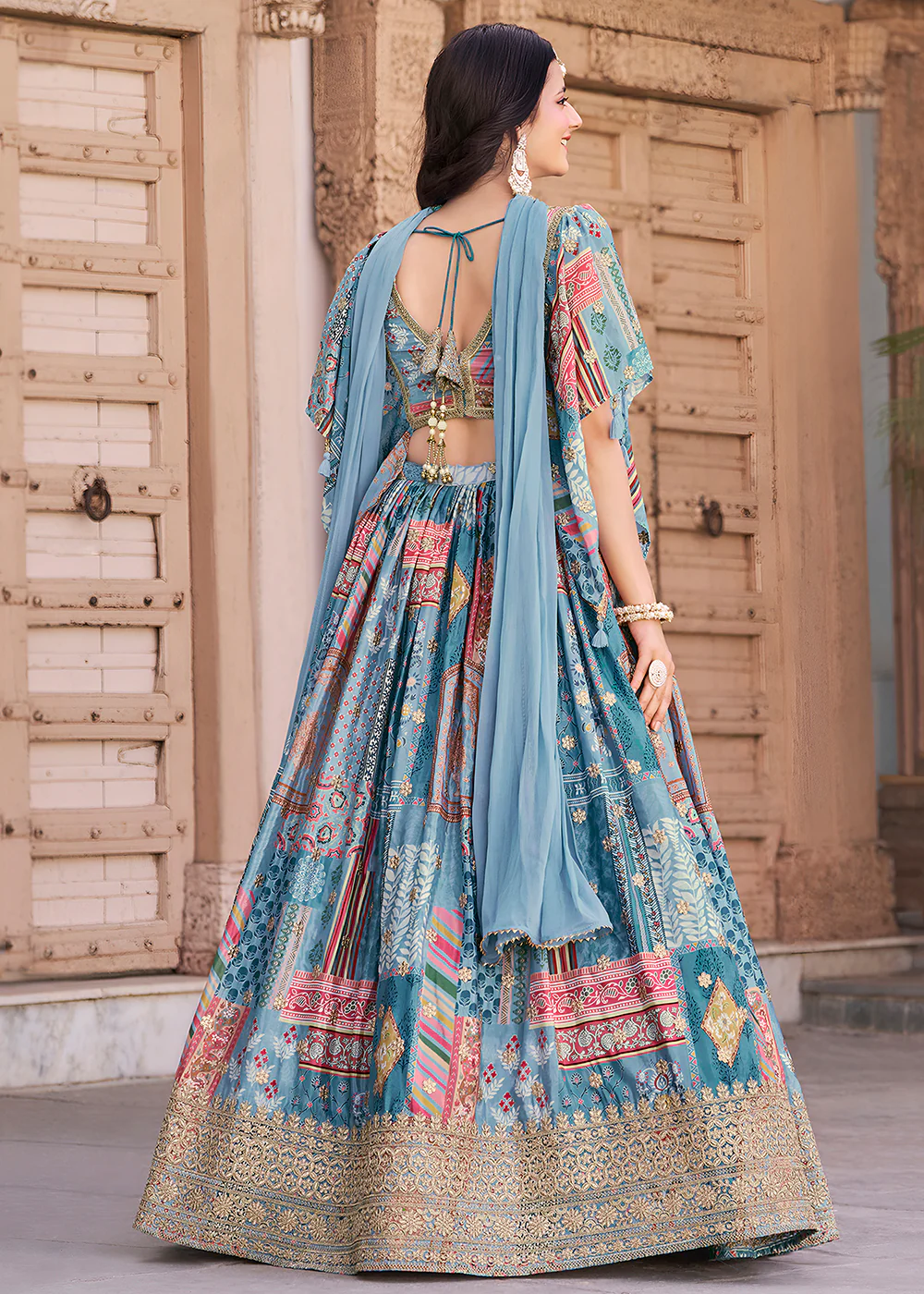 Sky Printed & Zari Dori Embroidered Lehenga Choli - Image 7