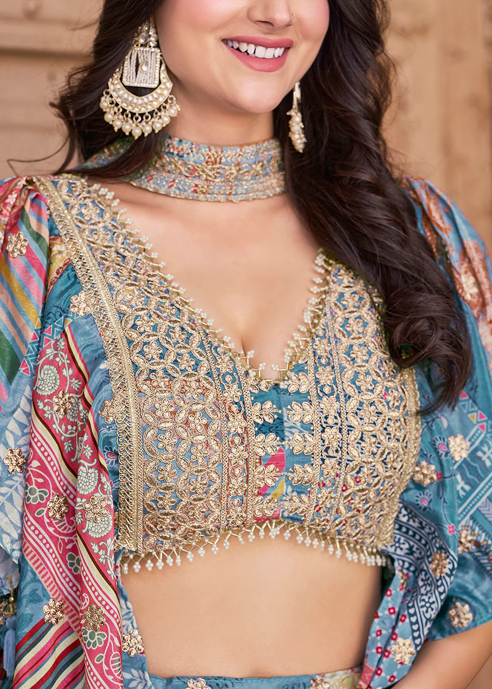 Sky Printed & Zari Dori Embroidered Lehenga Choli - Image 8