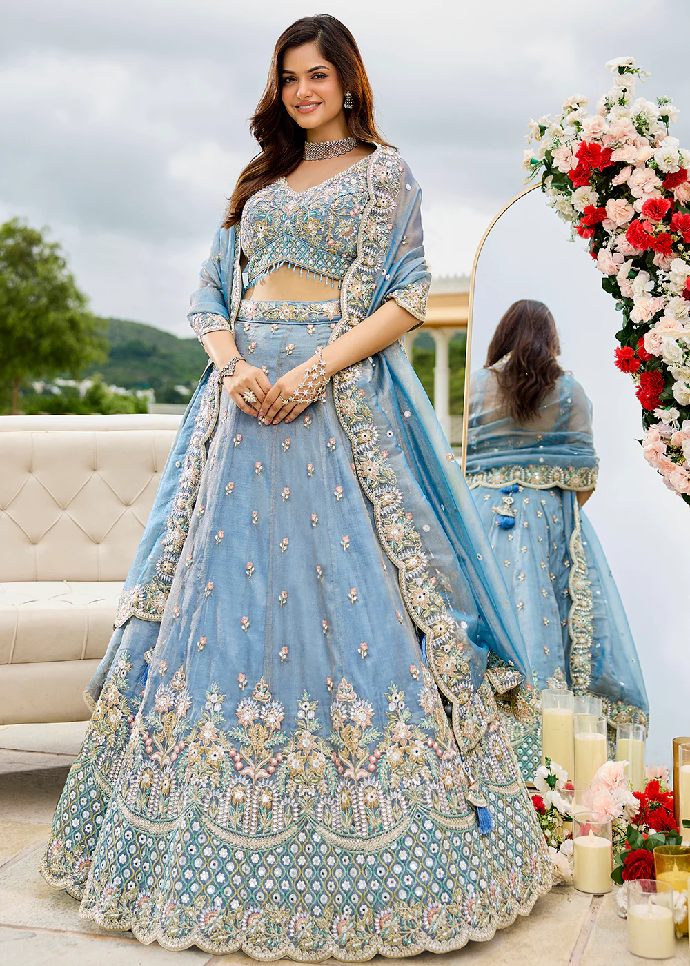 Sky Satin Silk Cording & Sequins Wedding Lehenga Choli